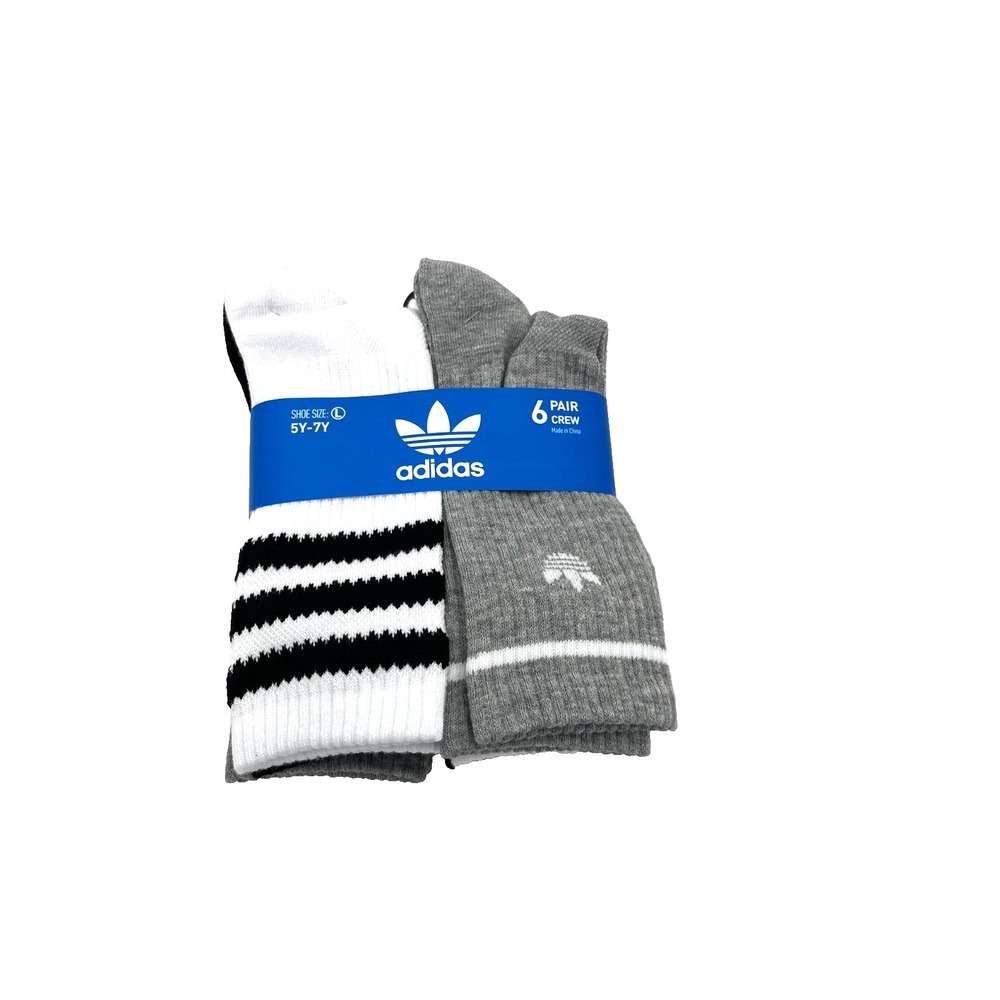 Adidas 6 Pack Crew Youth Socks Size L 5Y-7Y Grey White Black‎ Model JK52778